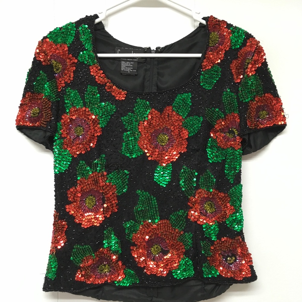 Vintage Heavily Sequined Silk Blouse Poinsettia